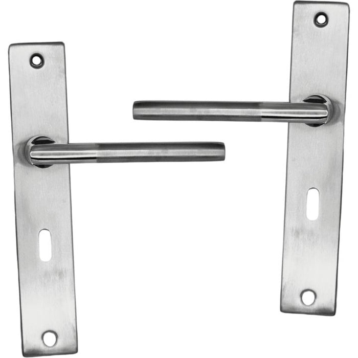 Brushed stainless steel Lever Handle on square back plate 220mm x 40mm