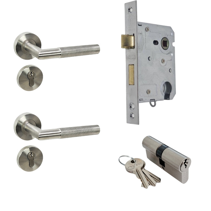 A set of brushed stainless steel door handles with a knurled design, including a cylinder lock and keys, displayed on a white background.