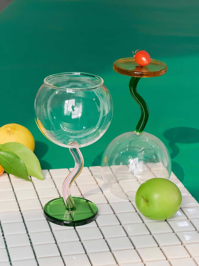 Handblown Bubble Wine Glass - Retro Whimsical Eclectic Wavy Stemmed Goblets-3