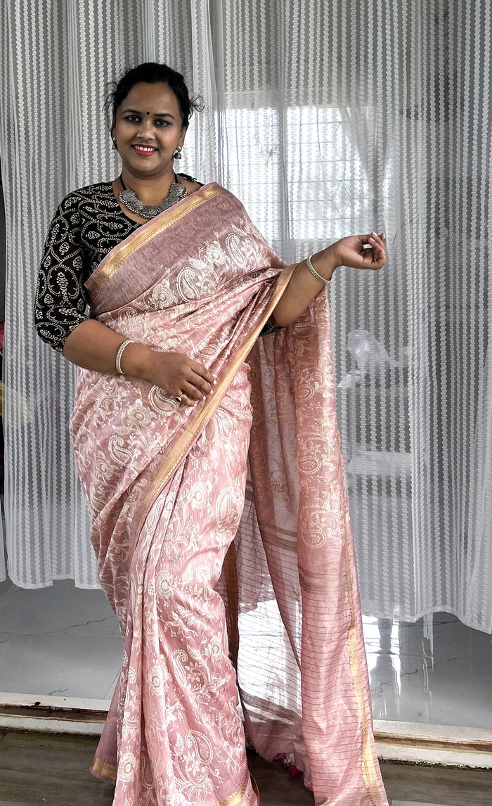 Captivating Pure Kota Linen Embroidery Saree Peach