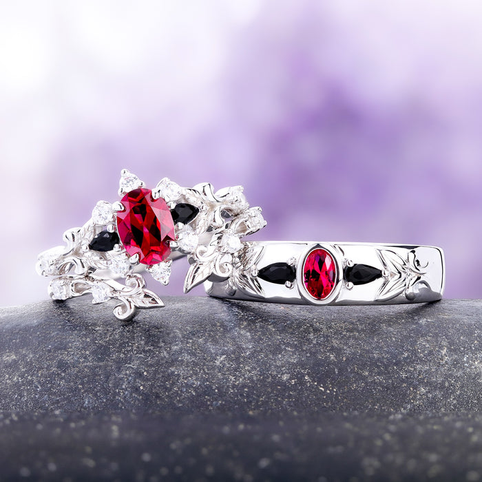The Carmilla ruby and black onyx bridal set shown with its matching men's 6mm band as a couples ring set