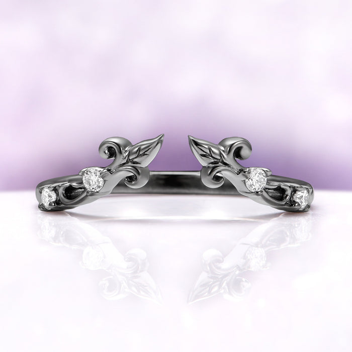 Carmilla ring enhancer in black ruthenium, an open leaf and vine wrap set with moissanite
