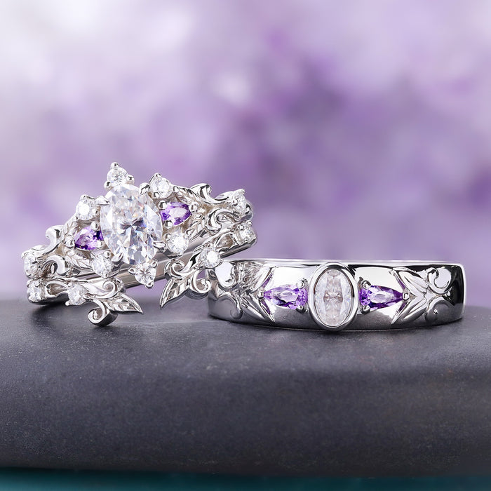 Angled view of the Carmilla enhancer on the moissanite and amethyst ring next to the matching men's band in the couples set