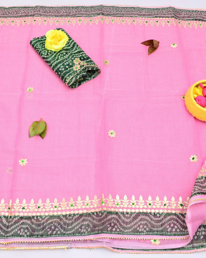 Peony Pink Kota Doria Gota Patti Saree With Bandhej Border | Indiehaat
