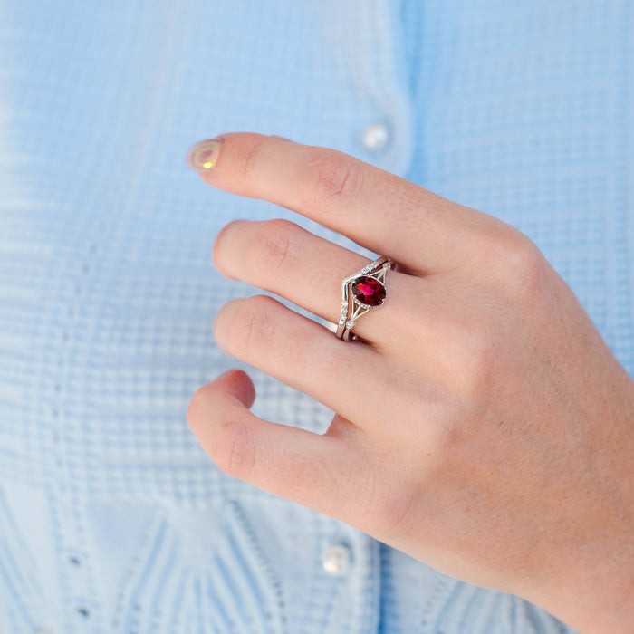 Celtic Ruby Ring Set- 14K White Gold (Two Piece) by Aquamarise Gold, featuring a vibrant red ruby center stone set in a Celtic-inspired white gold band with intricate detailing, part of Solid Gold Engagement Rings, July Birthstone Jewelry, and Fantasy-Inspired Engagement Rings collections.