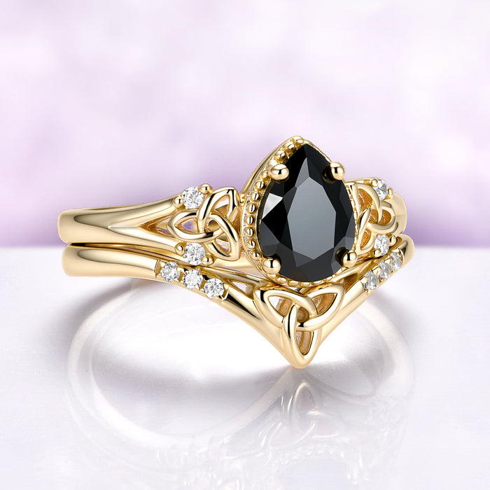 Celtic Knot Black Onyx Engagement Ring Set in Solid 14K Yellow Gold