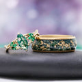 Celtic Knot Moss Agate & Gold Leaf Couples Ring Set by Aquamarise, both rings shown together