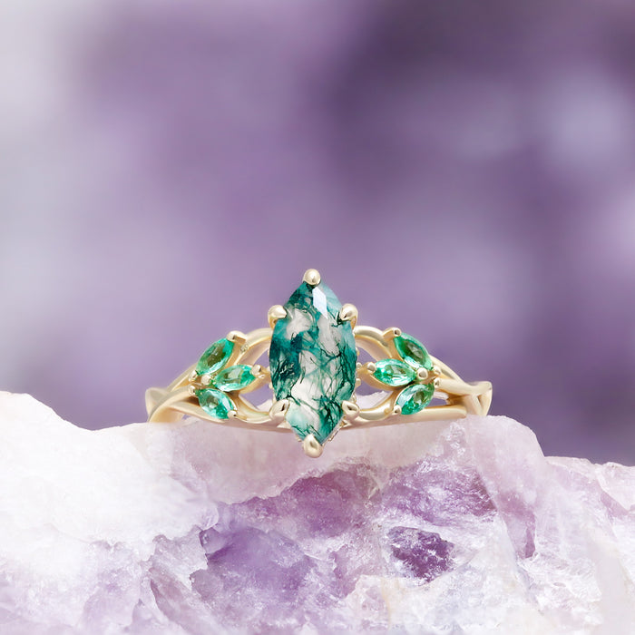 Marquise Celtic Knot Moss Agate Ring by Aquamarise, top view of the marquise moss agate center stone