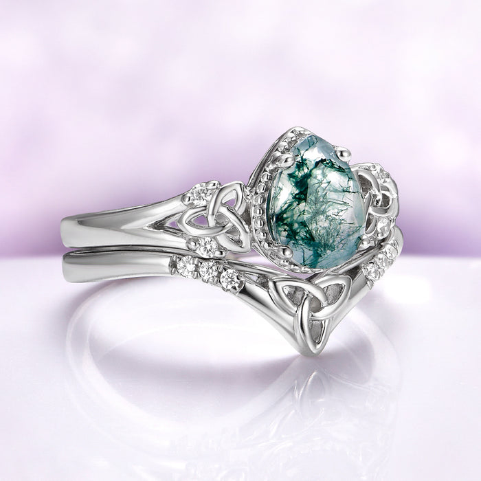 Celtic Knot Moss Agate Ring Set – Pear Moss Agate Engagement Ring in Rhodium Sterling Silver