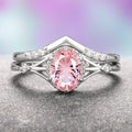 Celtic Morganite Ring Set- 14K White Gold (Fantasy Cut) by Aquamarise Gold, featuring an oval fantasy-cut pink morganite center stone set in a delicate white gold band with intricate Celtic-inspired detailing and diamond accents, from Solid Gold Engagement Rings and Morganite Jewelry collections.