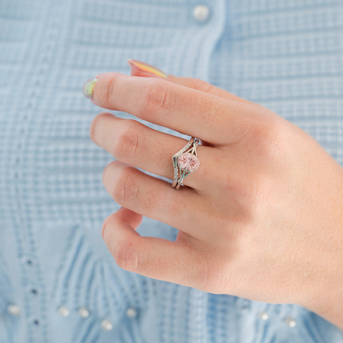 Celtic Morganite Ring Set- 14K White Gold (Fantasy Cut) by Aquamarise Gold, showcasing a delicate fantasy-cut oval morganite center stone in an intricately designed white gold band, part of Solid Gold Engagement Rings and Morganite Jewelry collections.