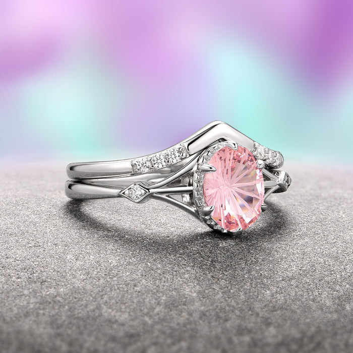Celtic Morganite Ring Set- 14K White Gold (Fantasy Cut) by Aquamarise Gold, showcasing a radiant fantasy-cut pink morganite center stone with intricate Celtic-inspired white gold bands accented by delicate diamonds, part of Solid Gold Engagement Rings, Morganite Jewelry, and Fantasy-Inspired Engagement Rings collections.