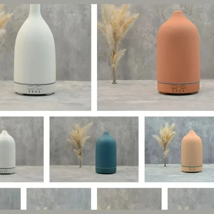Color-changing ceramic essential oil diffuser in various colors with LED light, enhancing ambiance and wellness.