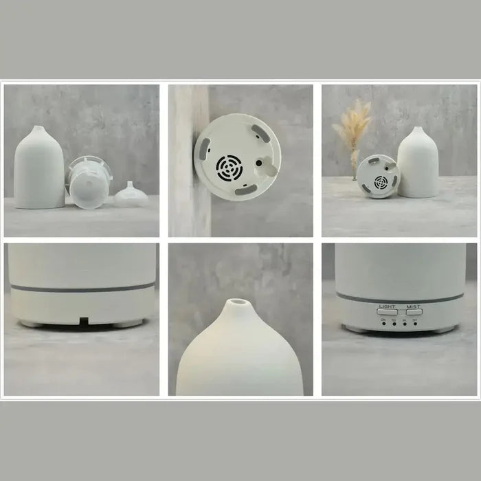 color-changing ceramic essential oil diffuser in various angles showcasing design and features
