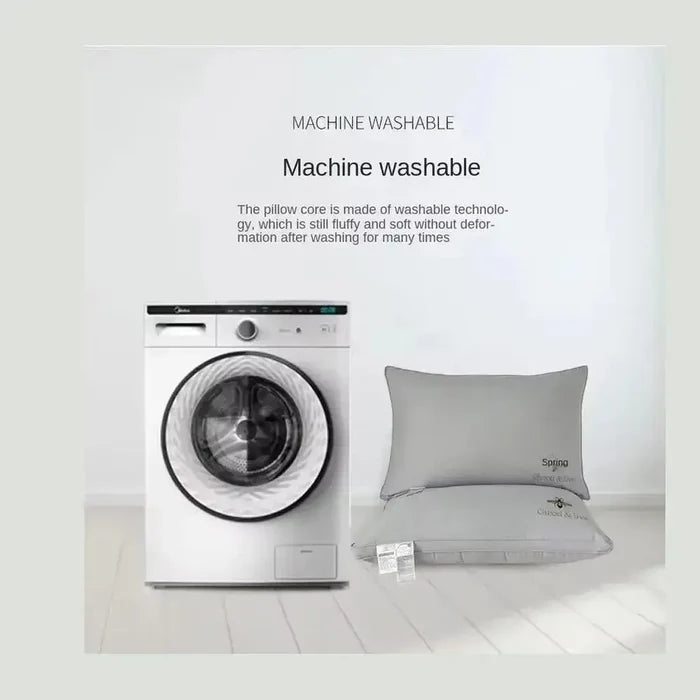 Machine washable pillow beside a washing machine demonstrating easy care for comfort.