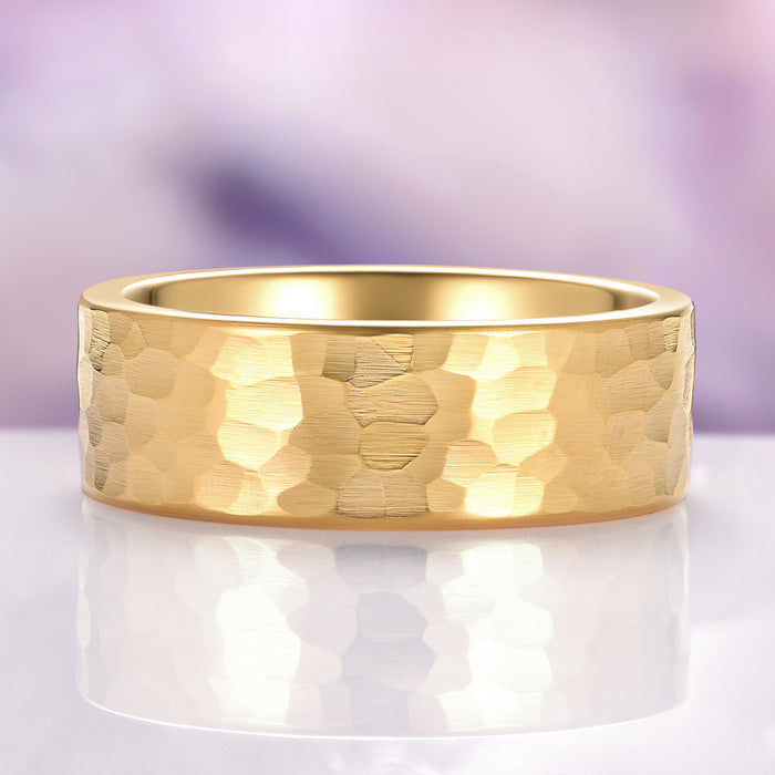 Champagne Moissanite Lotus Couples Ring Set by Aquamarise featuring a hammered textured yellow gold band with a smooth polished interior, part of Matching Couples' Rings and Best Selling Jewelry collections.