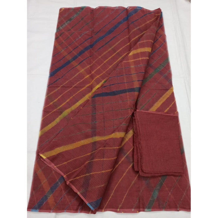Cotton Kota Doria Brown Saree with blouse Handcrafted-Indiehaat