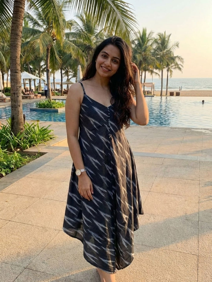 Chic Pure Cotton Black Ikkat Dress