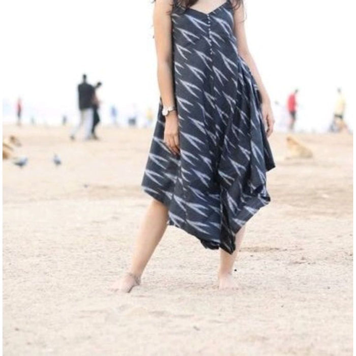Pure Cotton Black Ikkat Handblock Printed Prestitched Dress (Size 34 to 46)-Indiehaat