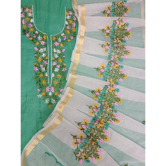 Kota Doria Green Suit Material 2 Piece Embroidered (Only Top and Dupatta)-Indiehaat
