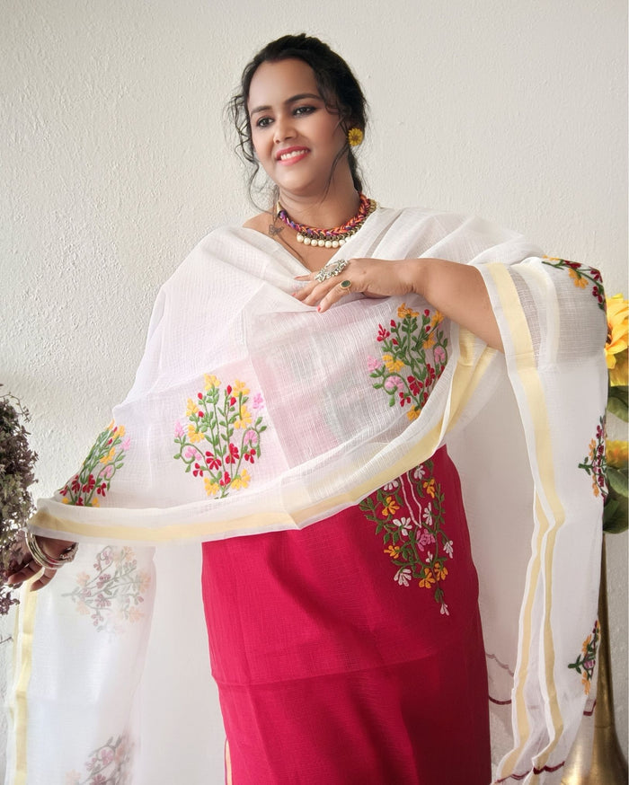 Kota Doria Red Suit Material 2 Piece Embroidered (Only Top and Dupatta)-Indiehaat