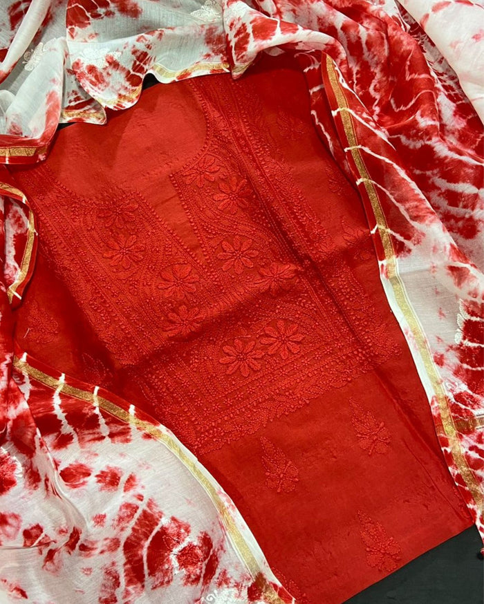 Pure Chanderi Silk Kurti Red Color with heavy Chikankari work Dupatta - IndieHaat