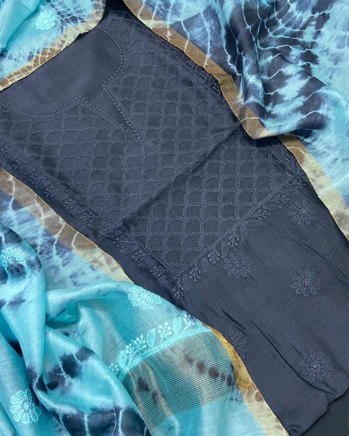 Pure Chanderi Silk Kurti Dark Gray Color with heavy Chikankari work Dupatta - IndieHaat