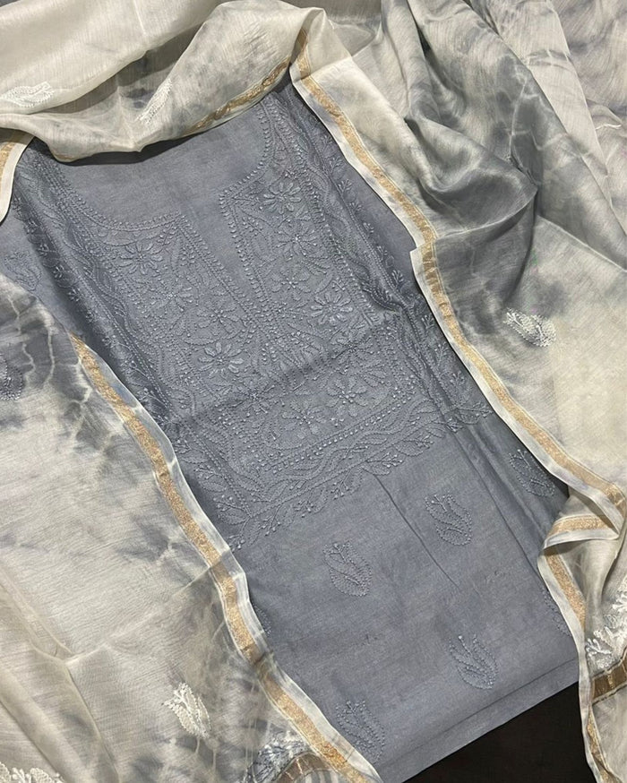 Pure Chanderi Silk Kurti Gray Color with heavy Chikankari work Dupatta - IndieHaat