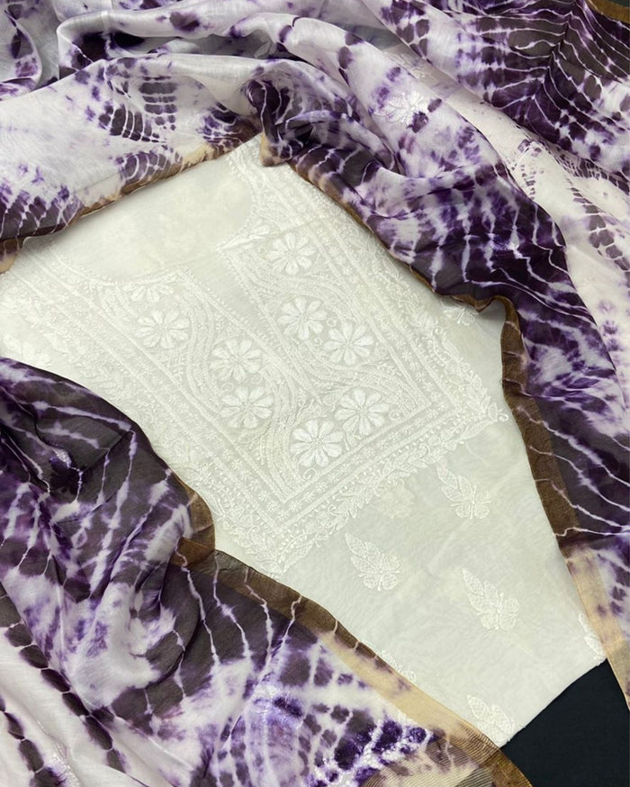 Pure Chanderi Silk Kurti White Color with heavy Chikankari work Dupatta - IndieHaat