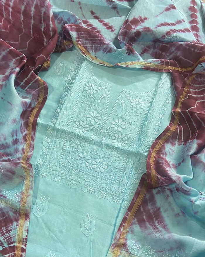 Pure Chanderi Silk Kurti Pale Blue Color with heavy Chikankari work Dupatta - IndieHaat
