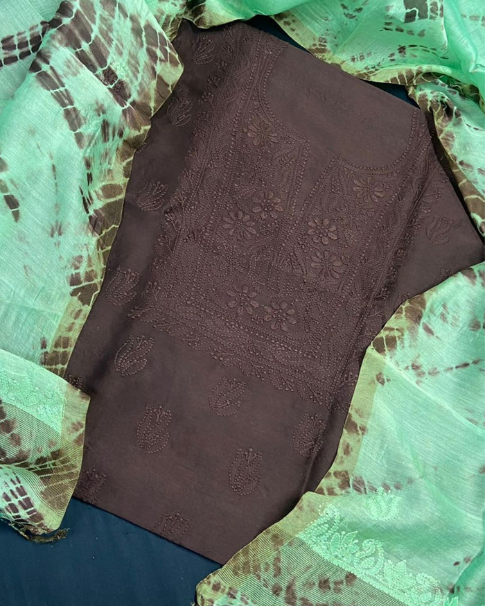 Pure Chanderi Silk Kurti Charcoal Brown Color with heavy Chikankari work Dupatta - IndieHaat