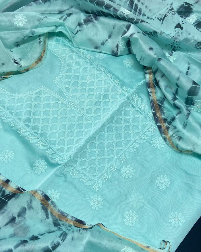 Pure Chanderi Silk Kurti Sky Blue Color with heavy Chikankari work Dupatta - IndieHaat