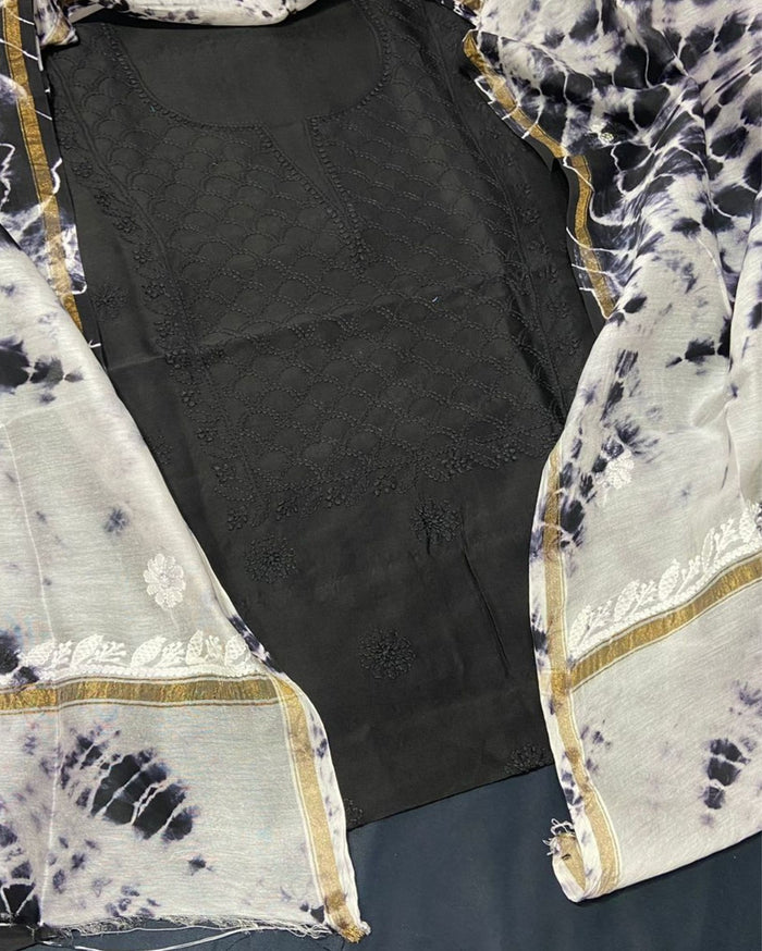 Pure Chanderi Silk Kurti Black Color with heavy Chikankari work Dupatta - IndieHaat