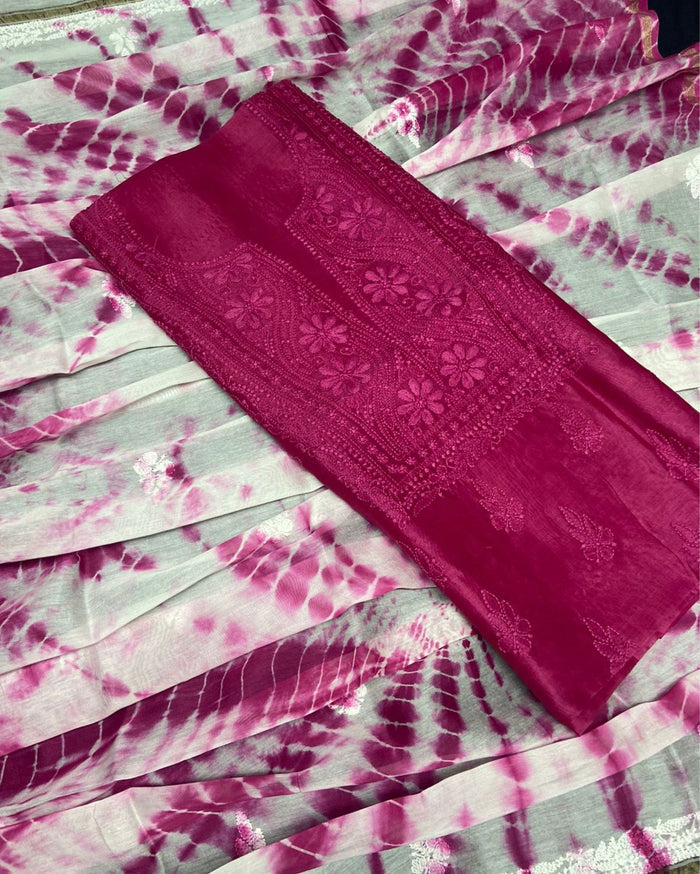 Pure Chanderi Silk Kurti Burgundy Red Color with heavy Chikankari work Dupatta - IndieHaat