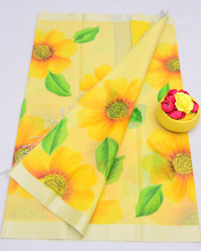 Indiehaat | Kota Linen Hand Painted Yellow Saree | Artistry