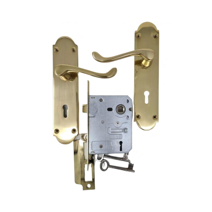 Classic Victorian Door Handle on Plate with SABS Approved Two Lever Lock - Polished Brass door handles on plate