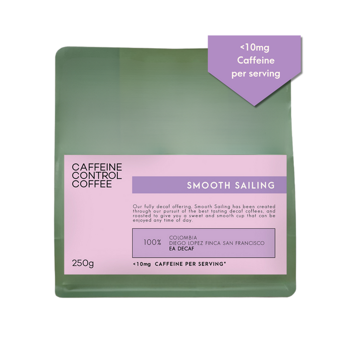 Caffeine Control Coffee package with green and purple design on a white background