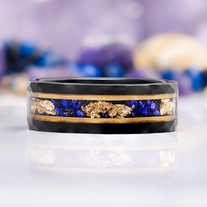 Skye Kite® Blue Sapphire & Gold Leaf Couples Ring Set – close-up detail