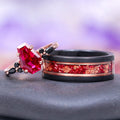 Coffin Cut Ruby and Rose Gold Leaf Couples Ring Set by Aquamarise featuring a bold ruby gem ring with black diamonds and a black finish band with rose gold leaf inlay.