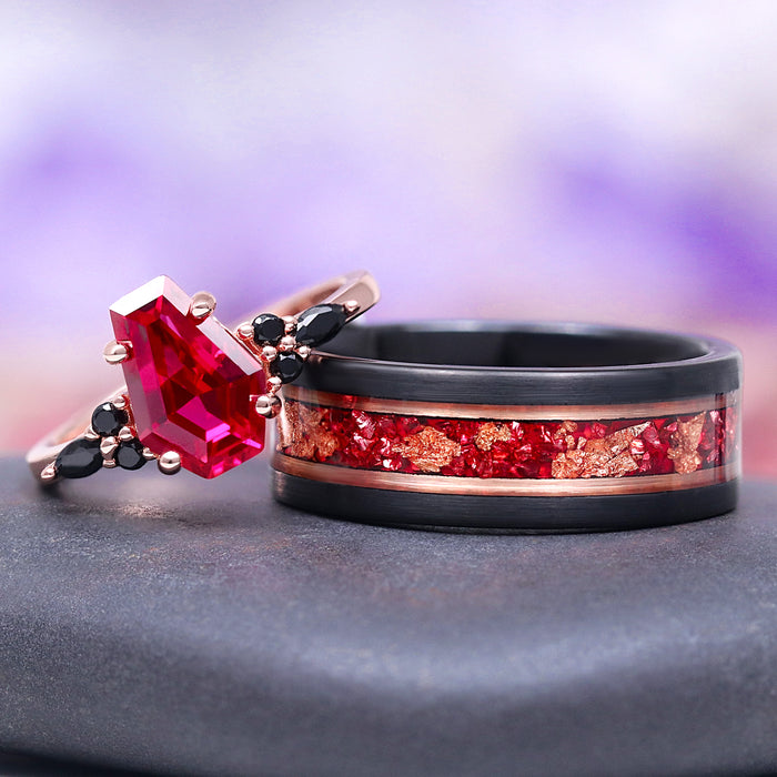 Coffin Cut Ruby and Rose Gold Leaf Couples Ring Set by Aquamarise featuring a bold ruby gem ring with black diamonds and a black finish band with rose gold leaf inlay.