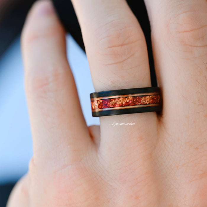 Skye Kite® Ruby & Rose Gold Leaf Couples Ring Set by Aquamarise featuring a black finish band with embedded ruby and rose gold leaf design, ideal matching rings for couples.