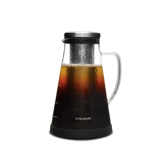 Easy cold brew coffee maker with cold brew coffee inside, showcasing a sleek design and functional features.