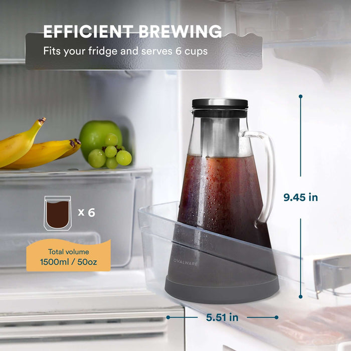 Easy cold brew coffee maker in refrigerator, serves 6 cups, efficient brewing design, total volume 1500ml.