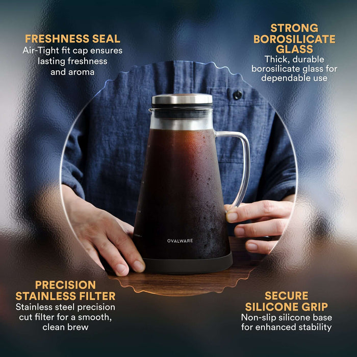 Easy cold brew coffee maker showing freshness seal, borosilicate glass, stainless filter, and silicone grip.