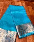 Silk Linen Banarasi Brocade Handloom Pacific Blue Saree with Blouse-Indiehaat