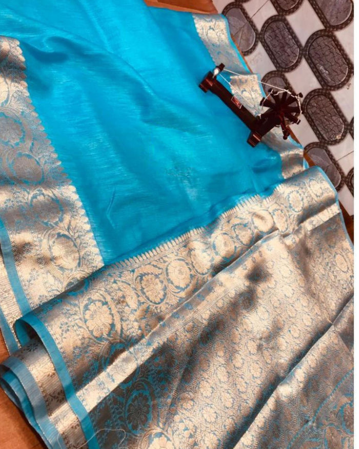 Silk Linen Banarasi Brocade Handloom Pacific Blue Saree with Blouse-Indiehaat