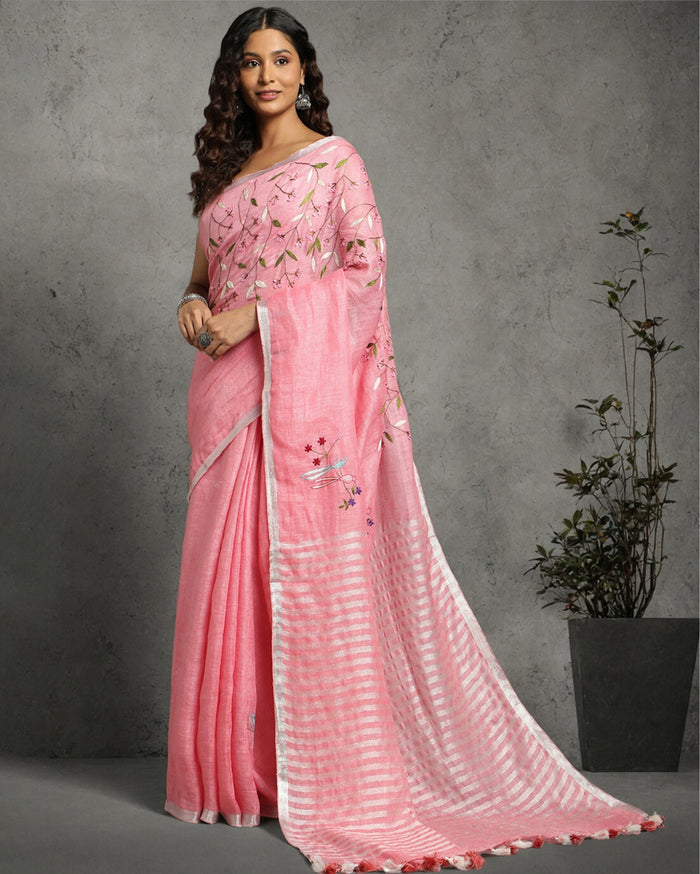 Pink Pure Linen Saree – Hand Embroidered | IndieHaat