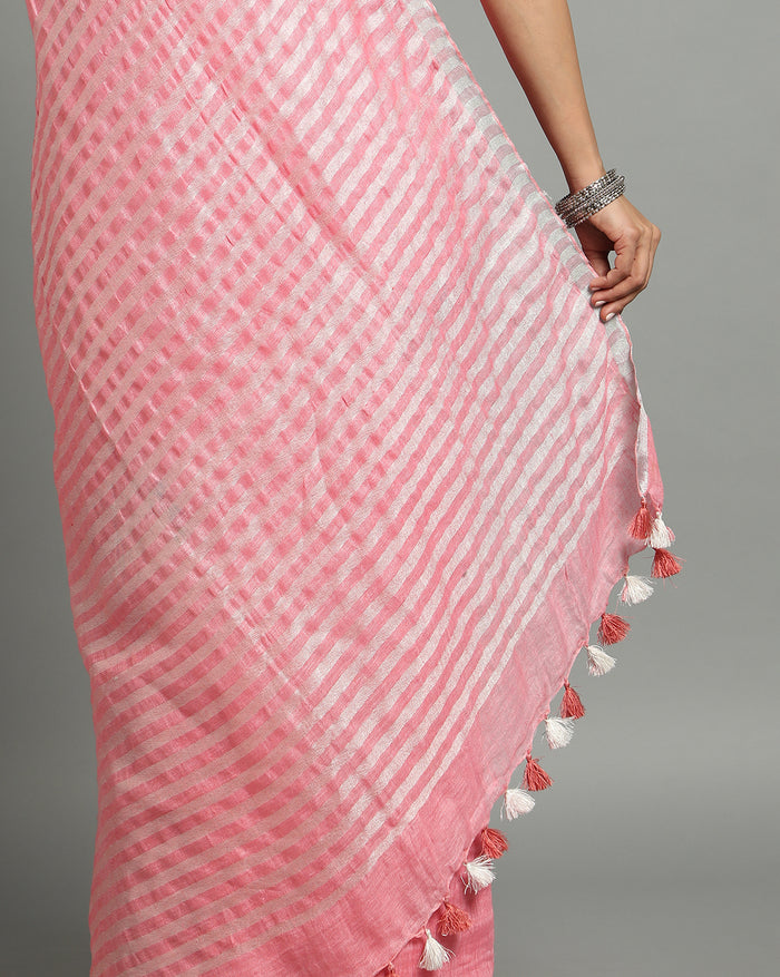 Pink Pure Linen Saree – Hand Embroidered | IndieHaat