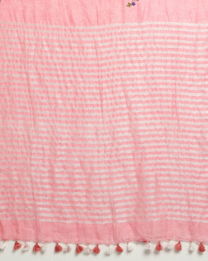 Pink Pure Linen Saree – Hand Embroidered | IndieHaat