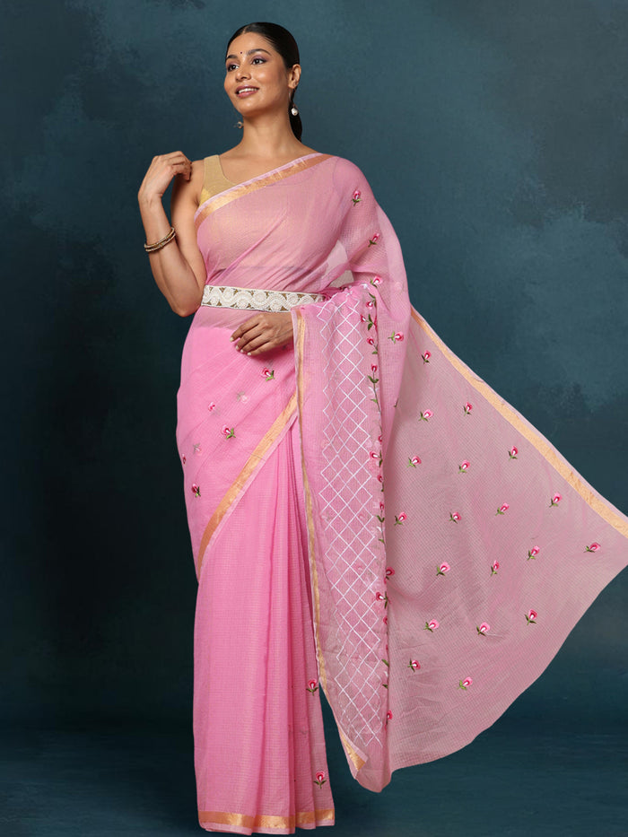 Kota Doria Light Pink Saree Embroidery